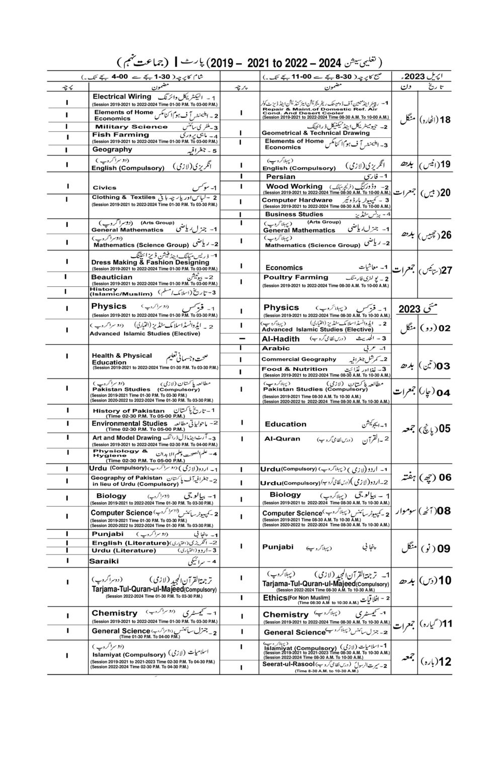 9th Class Date Sheet 2024/2025 Multan Board